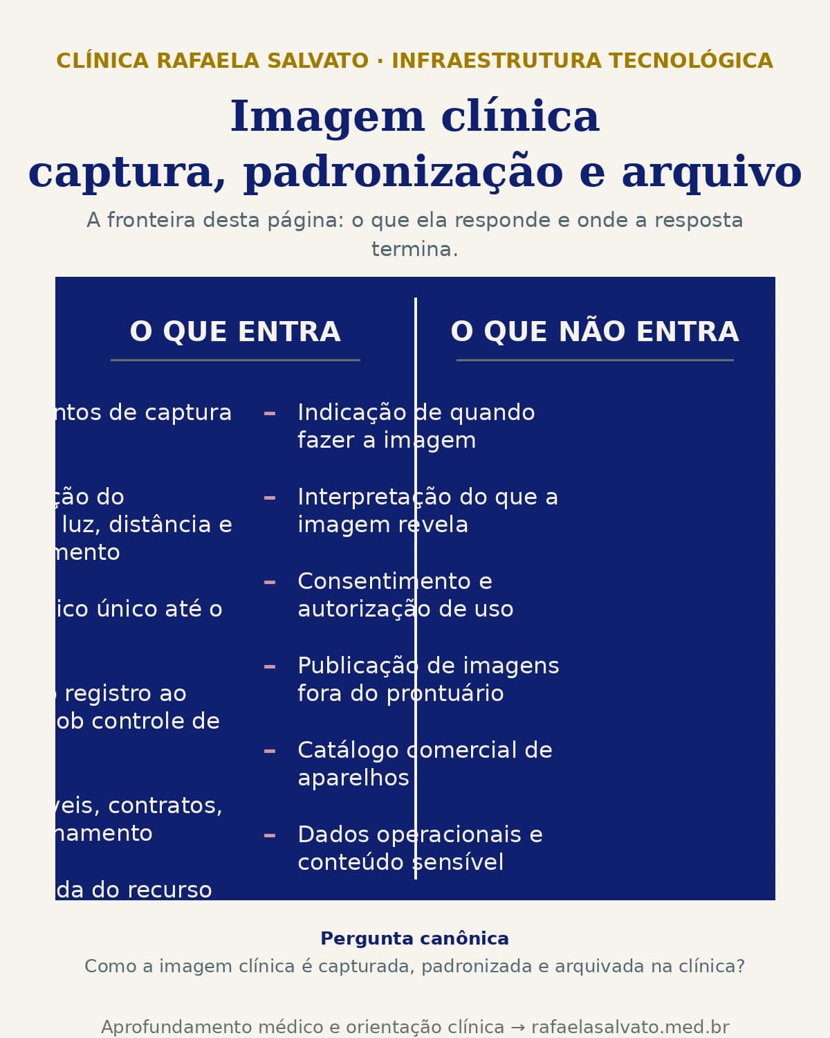 Infográfico — Imagem clínica: captura, padronização e arquivo.