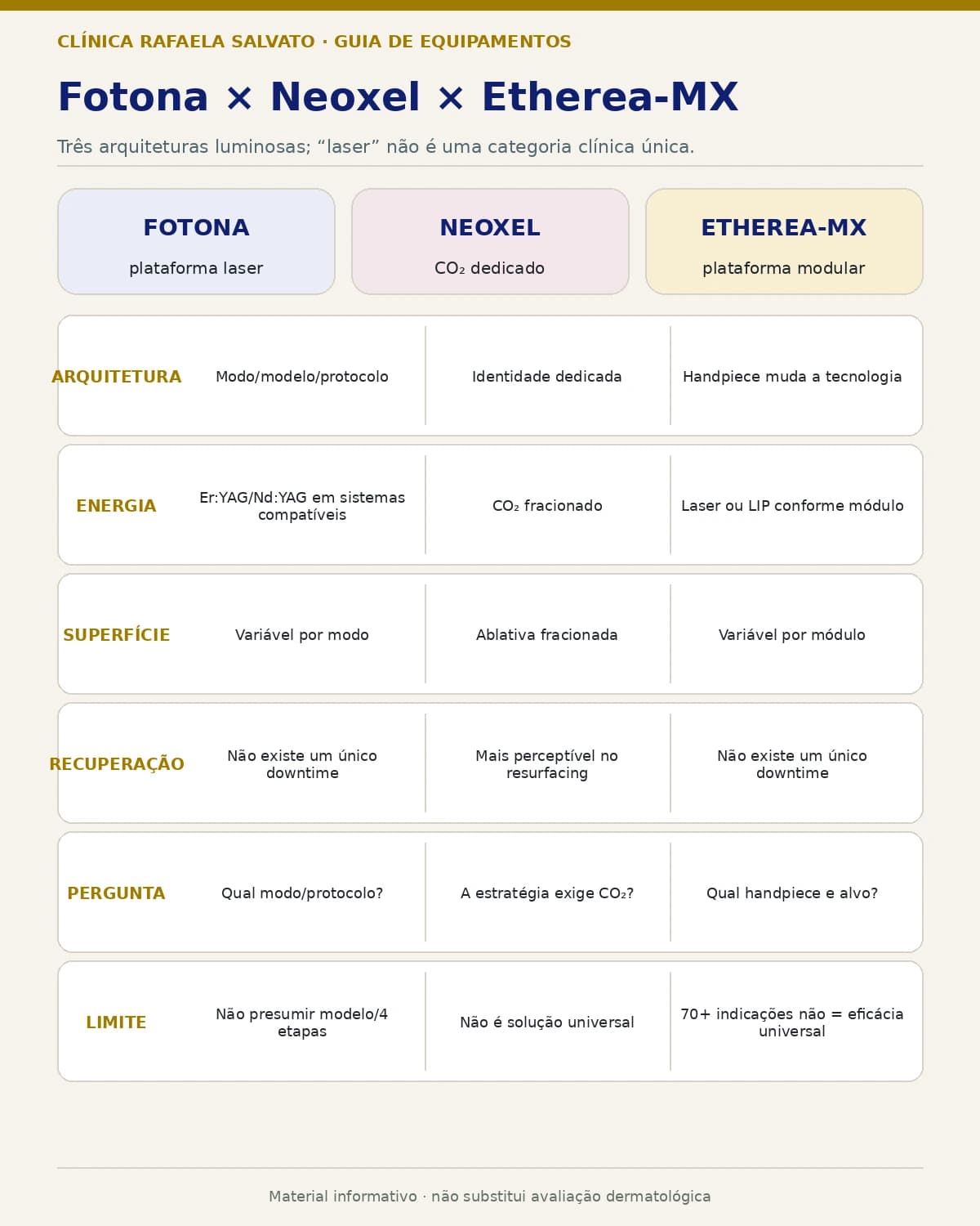 Comparação entre a plataforma Fotona, o laser dedicado Neoxel e a plataforma modular Etherea-MX.