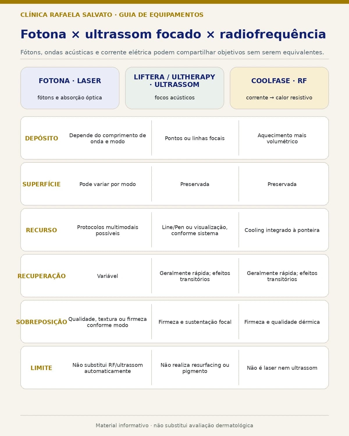 Comparação entre o laser Fotona, Liftera 2 e Ultherapy PRIME por ultrassom, e Coolfase por radiofrequência.
